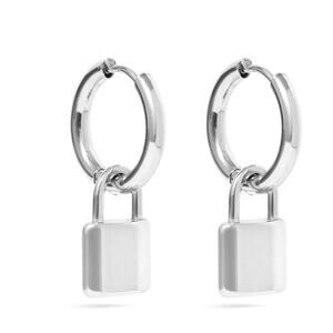 Lock Earrings Silver Plated Stainless Steel Padlock Pendant Hoop